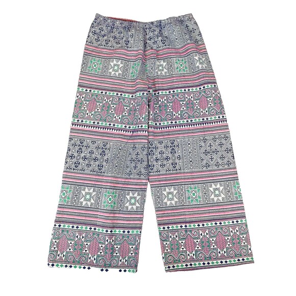 Cotton Tribal Boho Hippie Pants Women's Small Blue Pink Green Straight Leg Crop - Picture 1 of 16